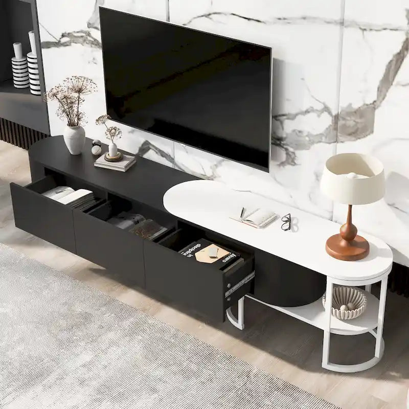 Extendable TV Stand with 3 Drawers and Metal Adjustable Legs (Fits TVs up to 75 Inches)