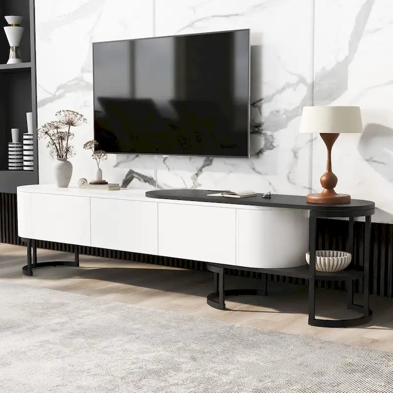 Extendable TV Stand with 3 Drawers and Metal Adjustable Legs (Fits TVs up to 75 Inches)