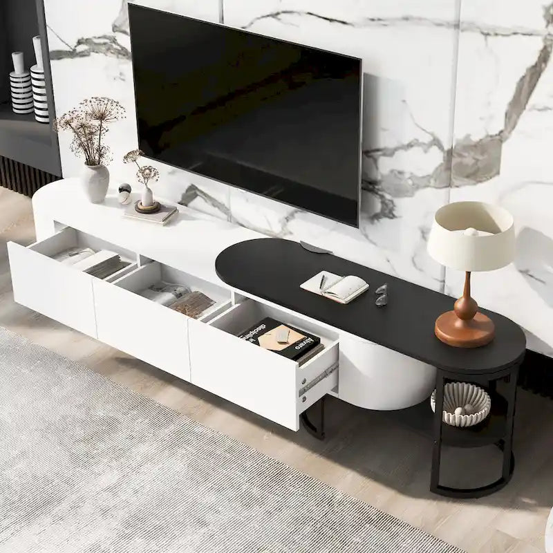Extendable TV Stand with 3 Drawers and Metal Adjustable Legs (Fits TVs up to 75 Inches)