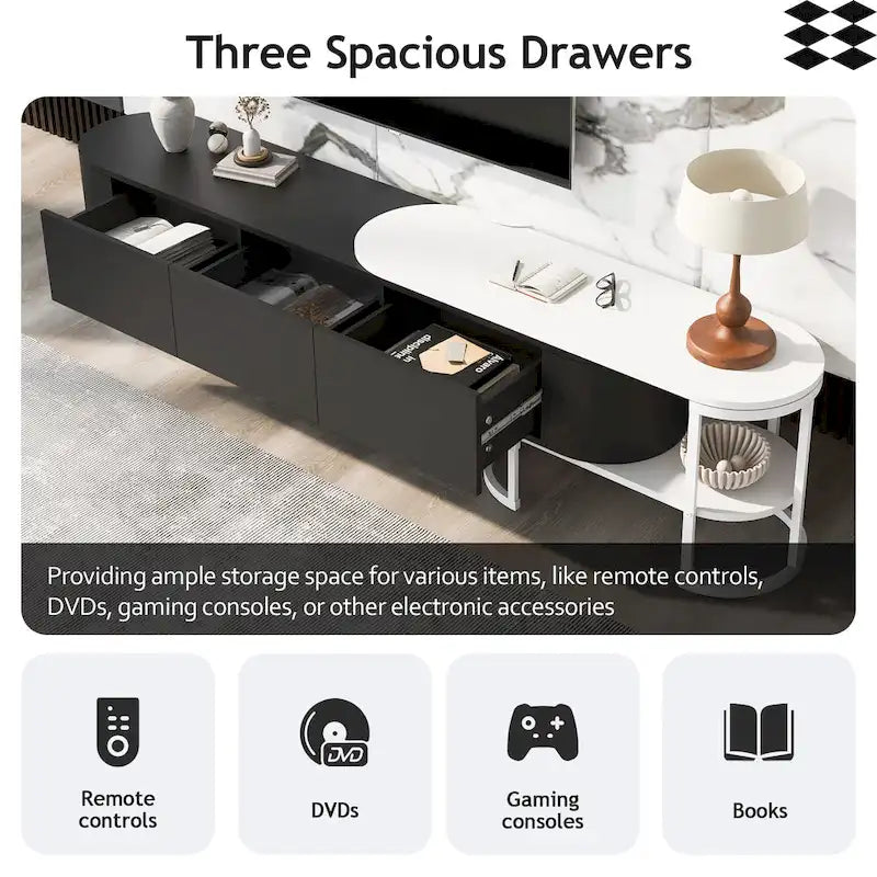 Extendable TV Stand with 3 Drawers and Metal Adjustable Legs (Fits TVs up to 75 Inches)