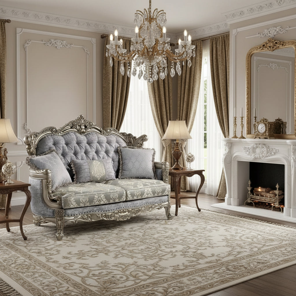 Loveseat with 3 Pillows, Gray Fabric, Antique Bronze Finish, 73 Inch