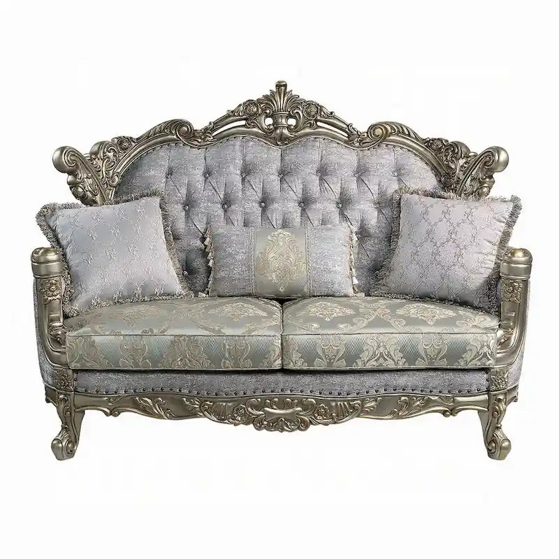 Loveseat with 3 Pillows, Gray Fabric, Antique Bronze Finish, 73 Inch