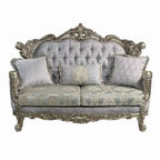 Loveseat with 3 Pillows, Gray Fabric, Antique Bronze Finish, 73 Inch
