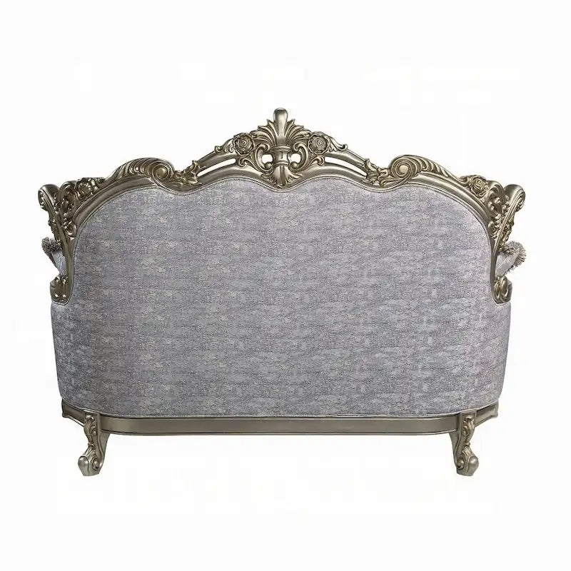Loveseat with 3 Pillows, Gray Fabric, Antique Bronze Finish, 73 Inch