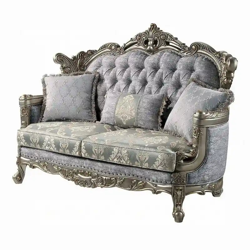 Loveseat with 3 Pillows, Gray Fabric, Antique Bronze Finish, 73 Inch