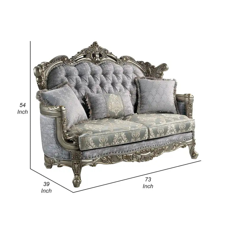 Loveseat with 3 Pillows, Gray Fabric, Antique Bronze Finish, 73 Inch