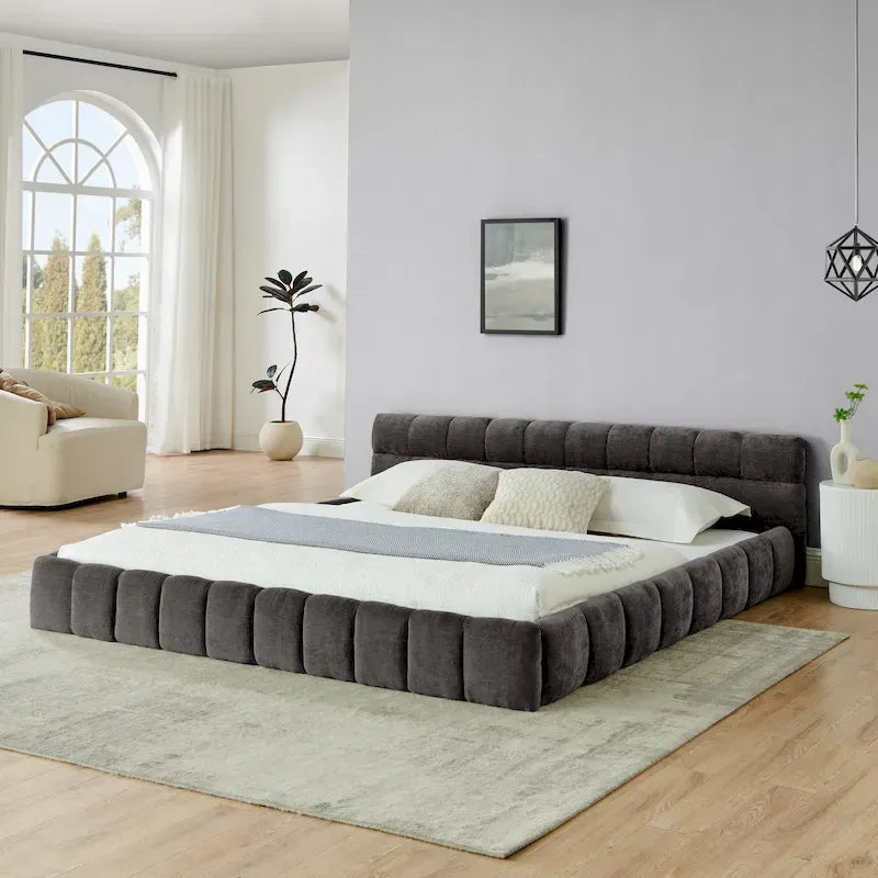Dark Gray / Beige Chenille Upholstered Platform Bed with Headboard – Queen / King