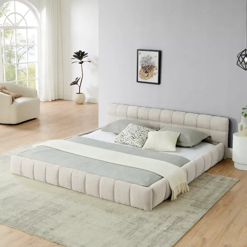 Dark Gray / Beige Chenille Upholstered Platform Bed with Headboard – Queen / King