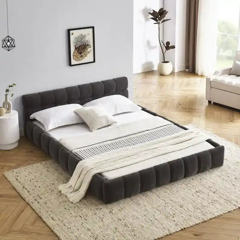 Dark Gray / Beige Chenille Upholstered Platform Bed with Headboard – Queen / King