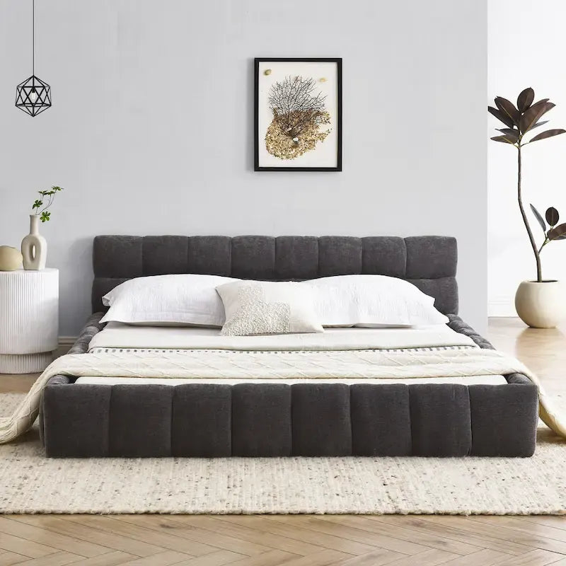 Dark Gray / Beige Chenille Upholstered Platform Bed with Headboard – Queen / King