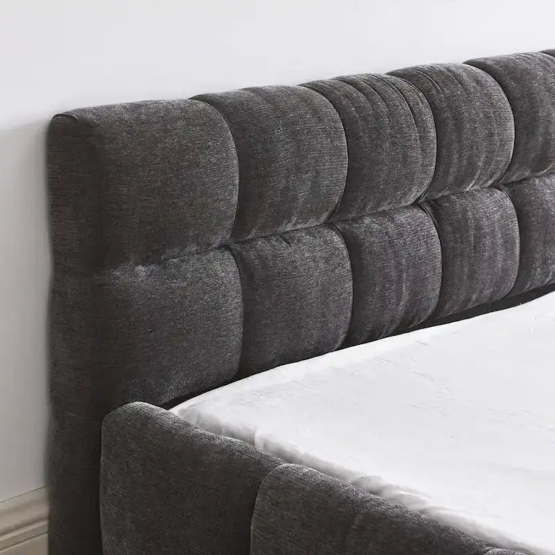 Dark Gray / Beige Chenille Upholstered Platform Bed with Headboard – Queen / King