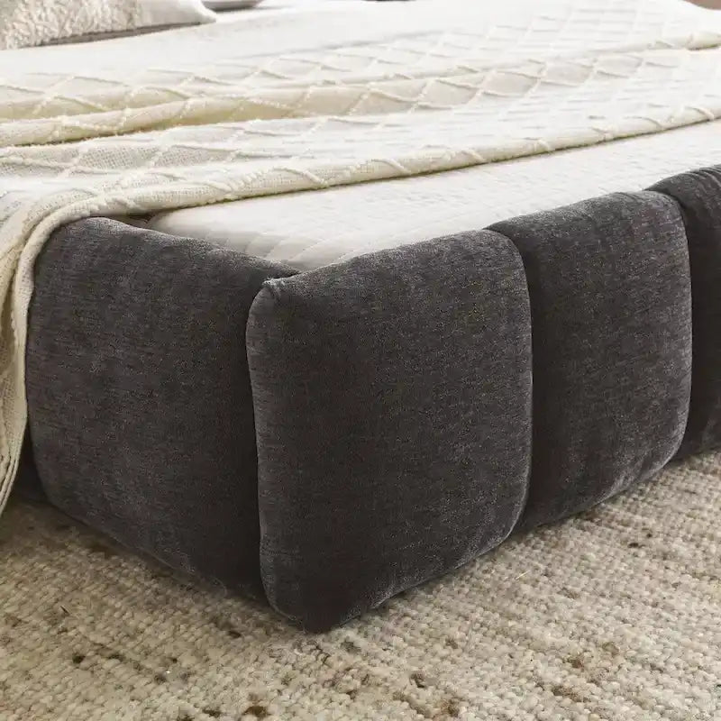 Dark Gray / Beige Chenille Upholstered Platform Bed with Headboard – Queen / King