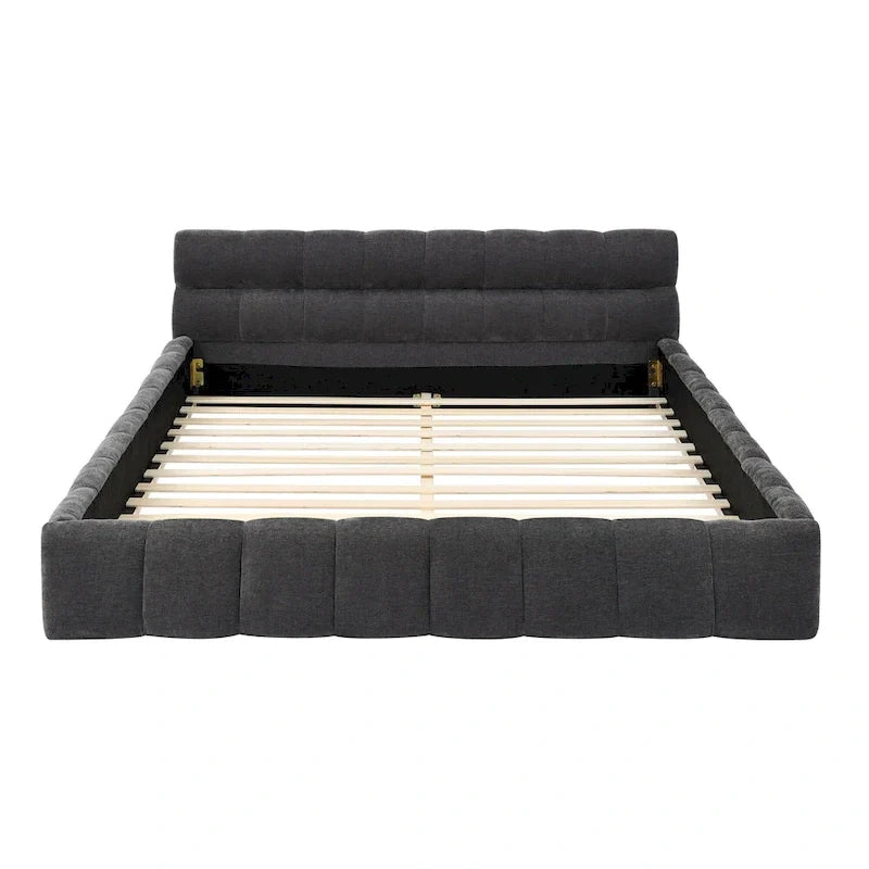 Dark Gray / Beige Chenille Upholstered Platform Bed with Headboard – Queen / King