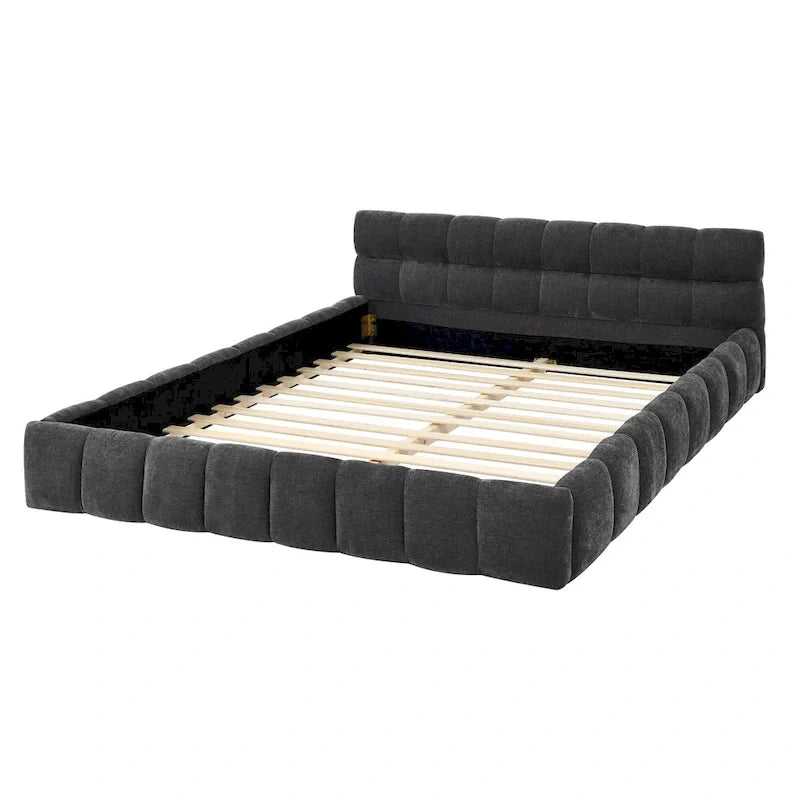 Dark Gray / Beige Chenille Upholstered Platform Bed with Headboard – Queen / King
