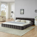 Dark Gray / Beige Chenille Upholstered Platform Bed with Headboard – Queen / King