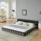 Dark Gray / Beige Chenille Upholstered Platform Bed with Headboard – Queen / King