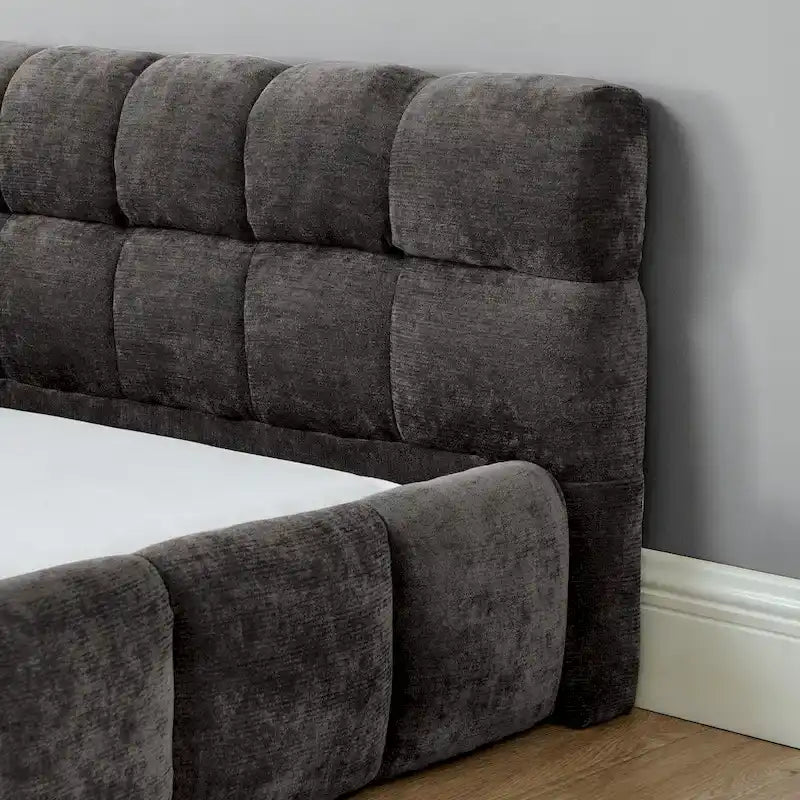 Dark Gray / Beige Chenille Upholstered Platform Bed with Headboard – Queen / King