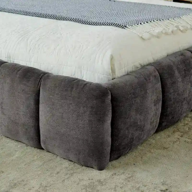 Dark Gray / Beige Chenille Upholstered Platform Bed with Headboard – Queen / King