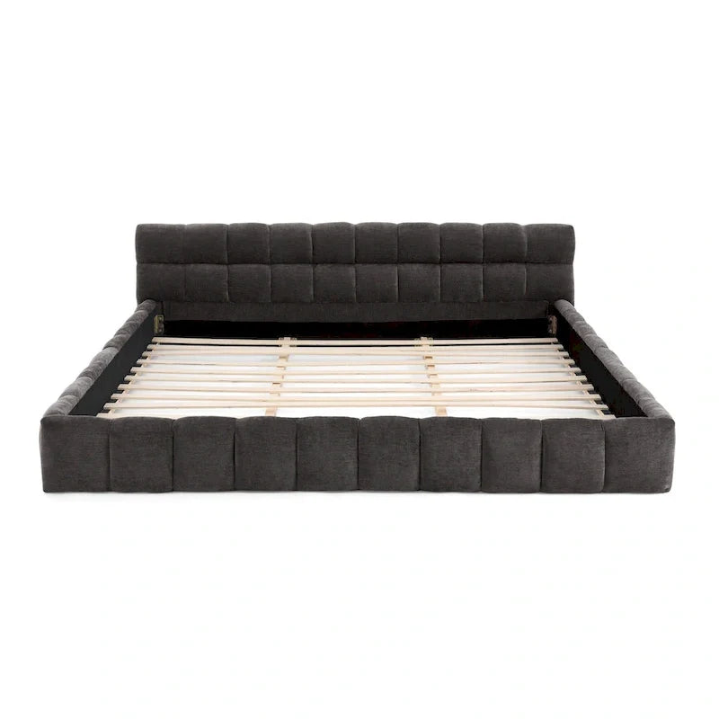 Dark Gray / Beige Chenille Upholstered Platform Bed with Headboard – Queen / King