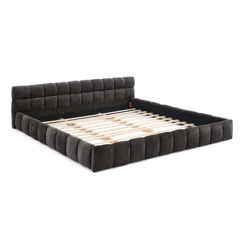 Dark Gray / Beige Chenille Upholstered Platform Bed with Headboard – Queen / King