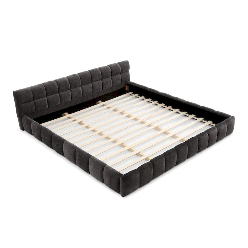 Dark Gray / Beige Chenille Upholstered Platform Bed with Headboard – Queen / King