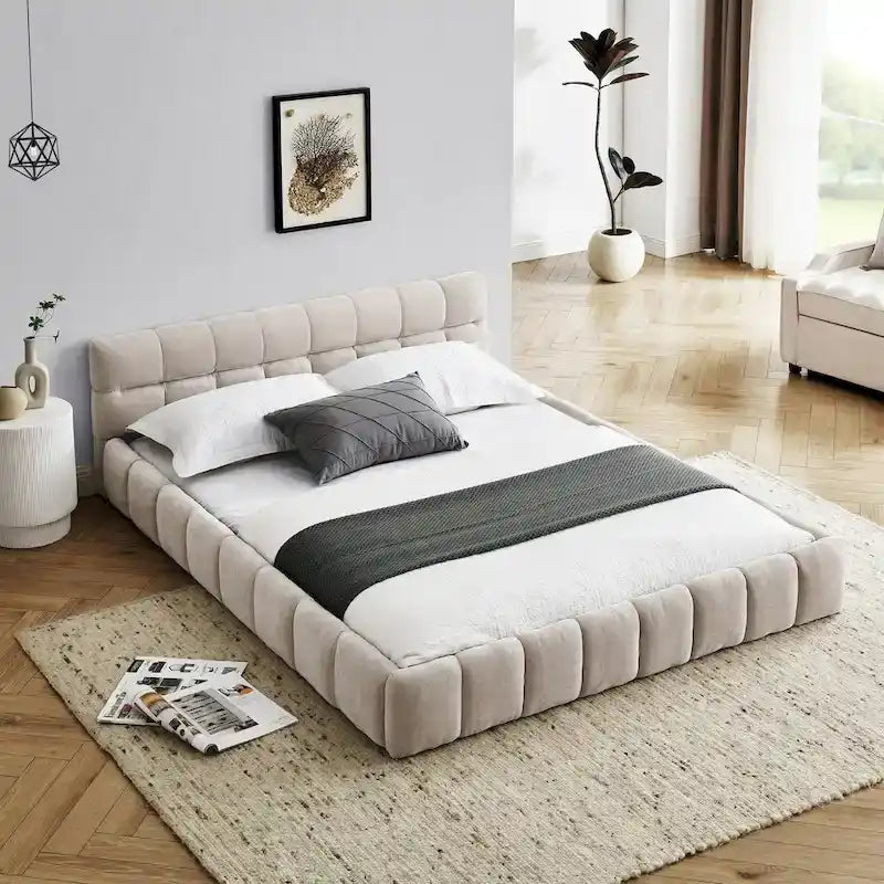 Dark Gray / Beige Chenille Upholstered Platform Bed with Headboard – Queen / King