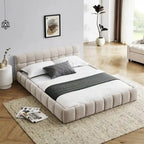 Dark Gray / Beige Chenille Upholstered Platform Bed with Headboard – Queen / King