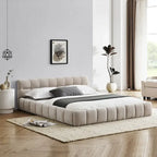 Dark Gray / Beige Chenille Upholstered Platform Bed with Headboard – Queen / King