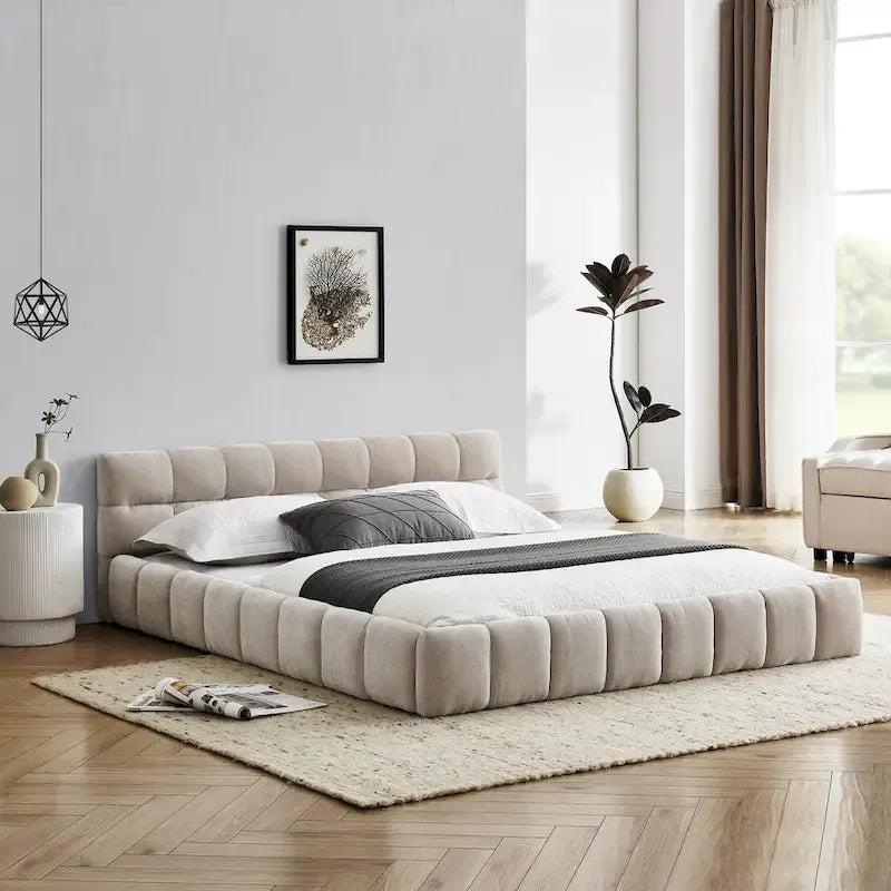 Dark Gray / Beige Chenille Upholstered Platform Bed with Headboard – Queen / King