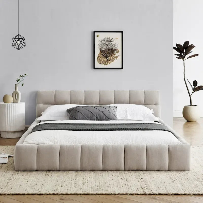Dark Gray / Beige Chenille Upholstered Platform Bed with Headboard – Queen / King