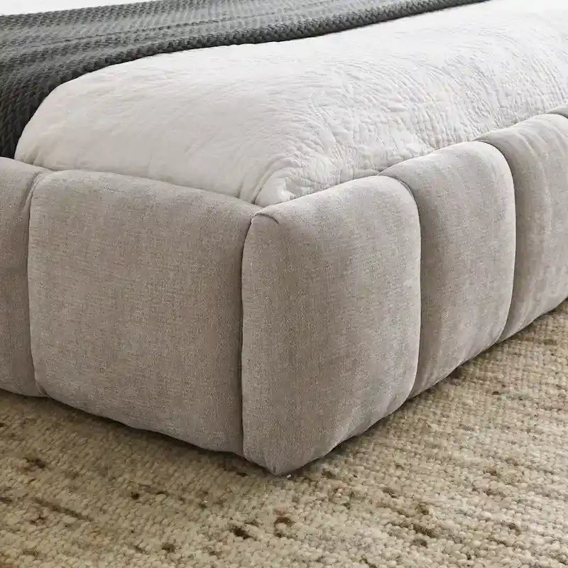 Dark Gray / Beige Chenille Upholstered Platform Bed with Headboard – Queen / King
