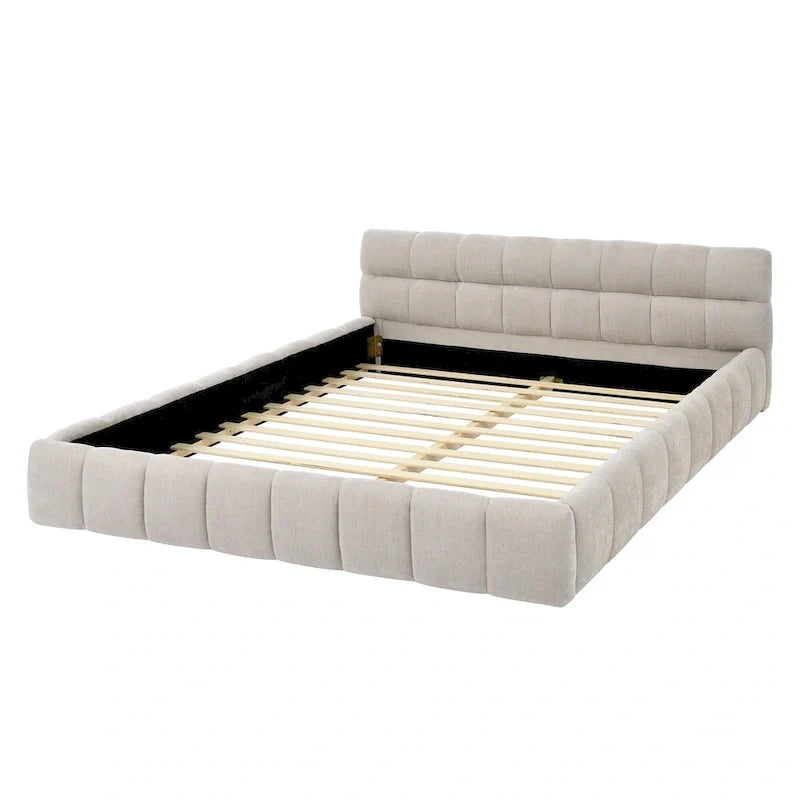 Dark Gray / Beige Chenille Upholstered Platform Bed with Headboard – Queen / King