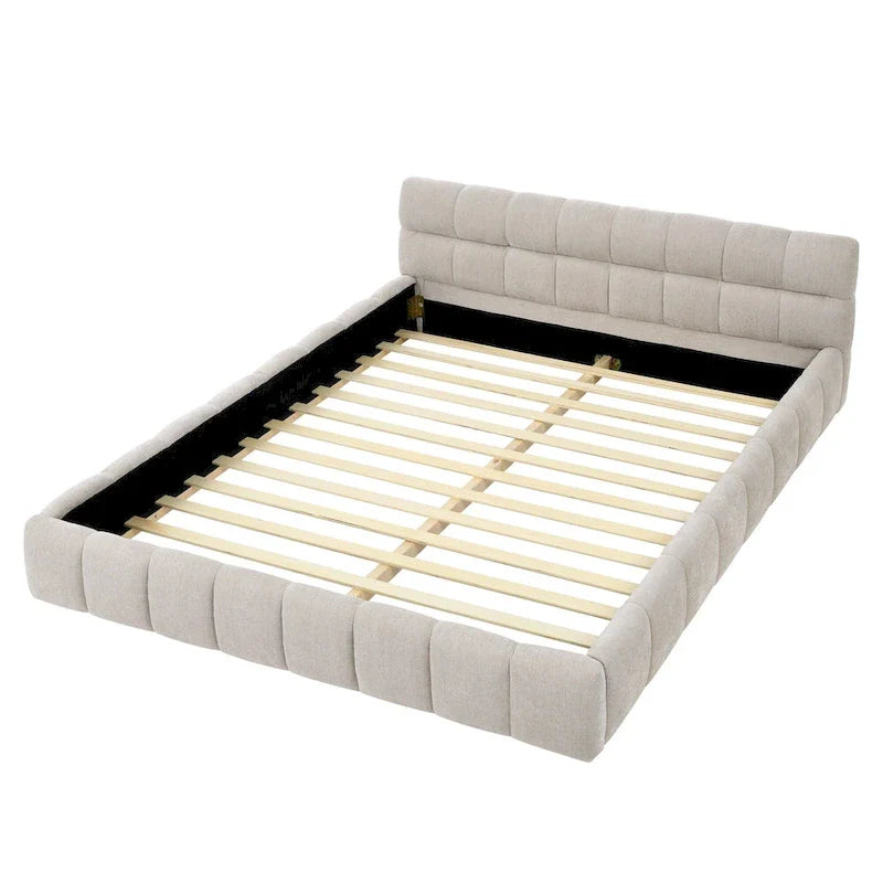 Dark Gray / Beige Chenille Upholstered Platform Bed with Headboard – Queen / King