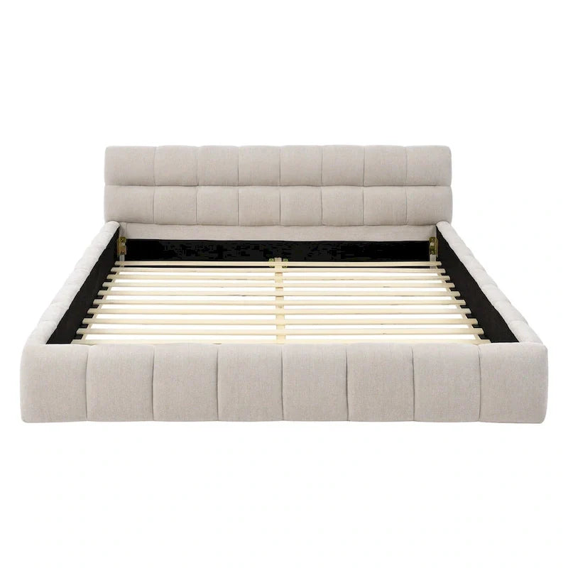 Dark Gray / Beige Chenille Upholstered Platform Bed with Headboard – Queen / King