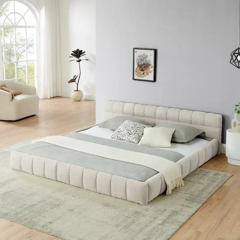 Dark Gray / Beige Chenille Upholstered Platform Bed with Headboard – Queen / King