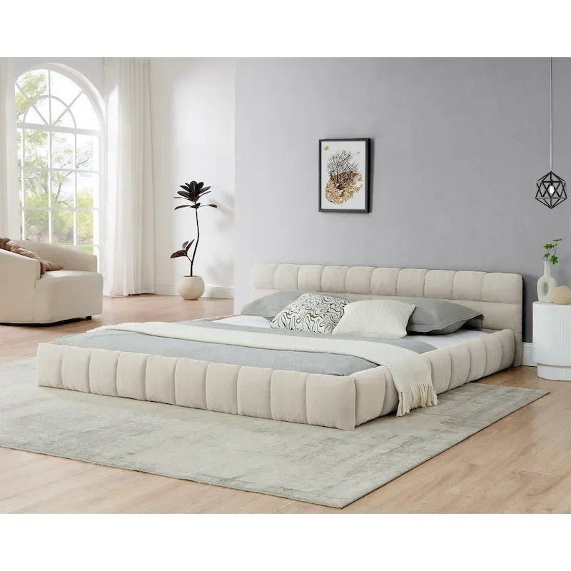Dark Gray / Beige Chenille Upholstered Platform Bed with Headboard – Queen / King