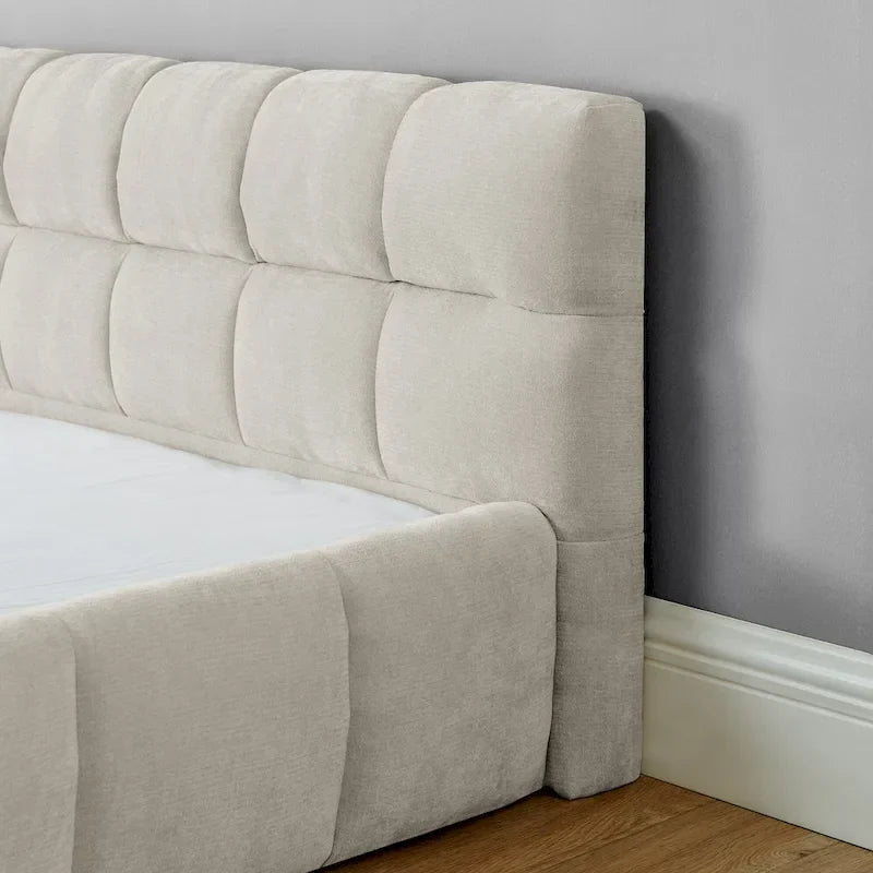 Dark Gray / Beige Chenille Upholstered Platform Bed with Headboard – Queen / King