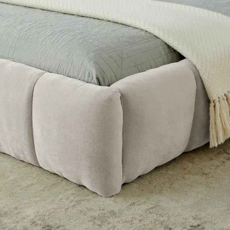Dark Gray / Beige Chenille Upholstered Platform Bed with Headboard – Queen / King