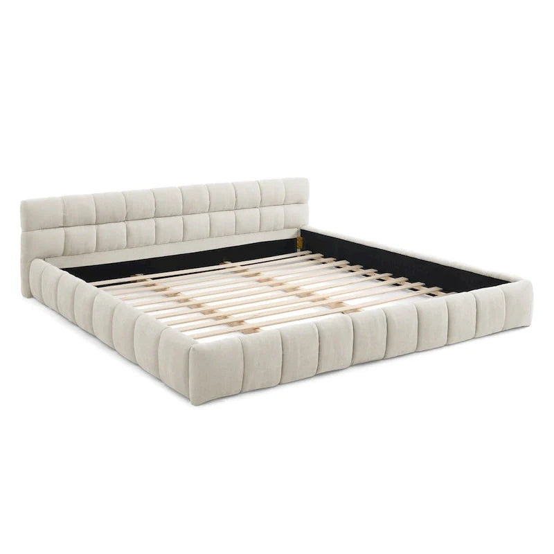 Dark Gray / Beige Chenille Upholstered Platform Bed with Headboard – Queen / King