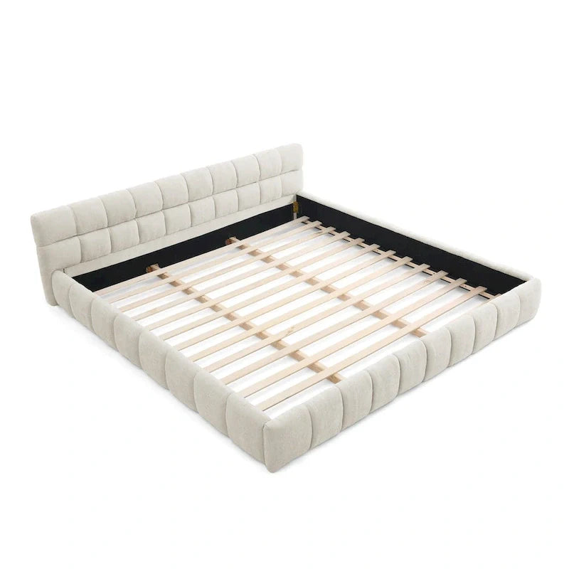 Dark Gray / Beige Chenille Upholstered Platform Bed with Headboard – Queen / King
