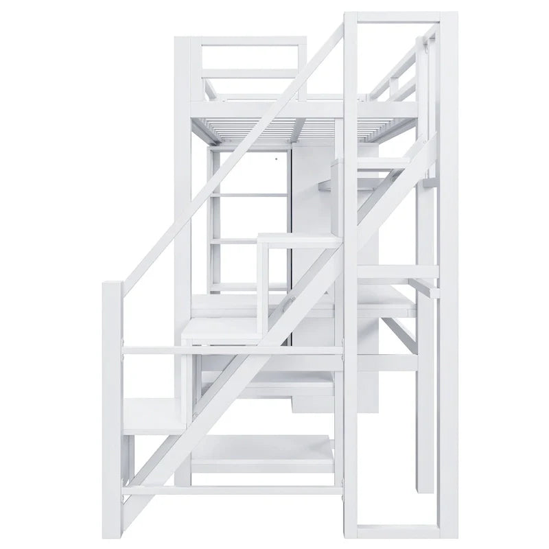 Metal Loft Bed with Desk, Wardrobe & Stepped Stairs – Twin/Full Size