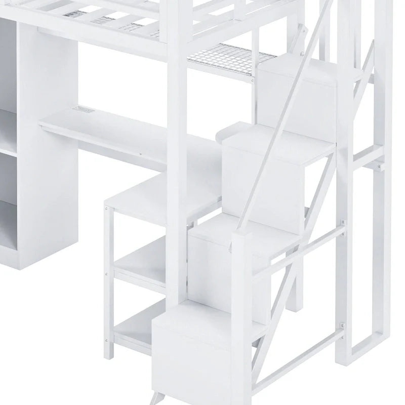 Metal Loft Bed with Desk, Wardrobe & Stepped Stairs – Twin/Full Size