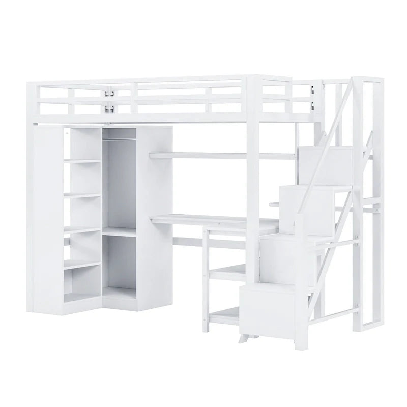 Metal Loft Bed with Desk, Wardrobe & Stepped Stairs – Twin/Full Size