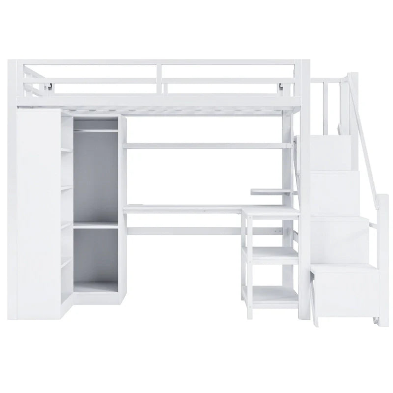 Metal Loft Bed with Desk, Wardrobe & Stepped Stairs – Twin/Full Size