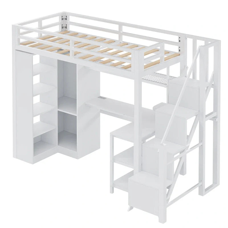 Metal Loft Bed with Desk, Wardrobe & Stepped Stairs – Twin/Full Size