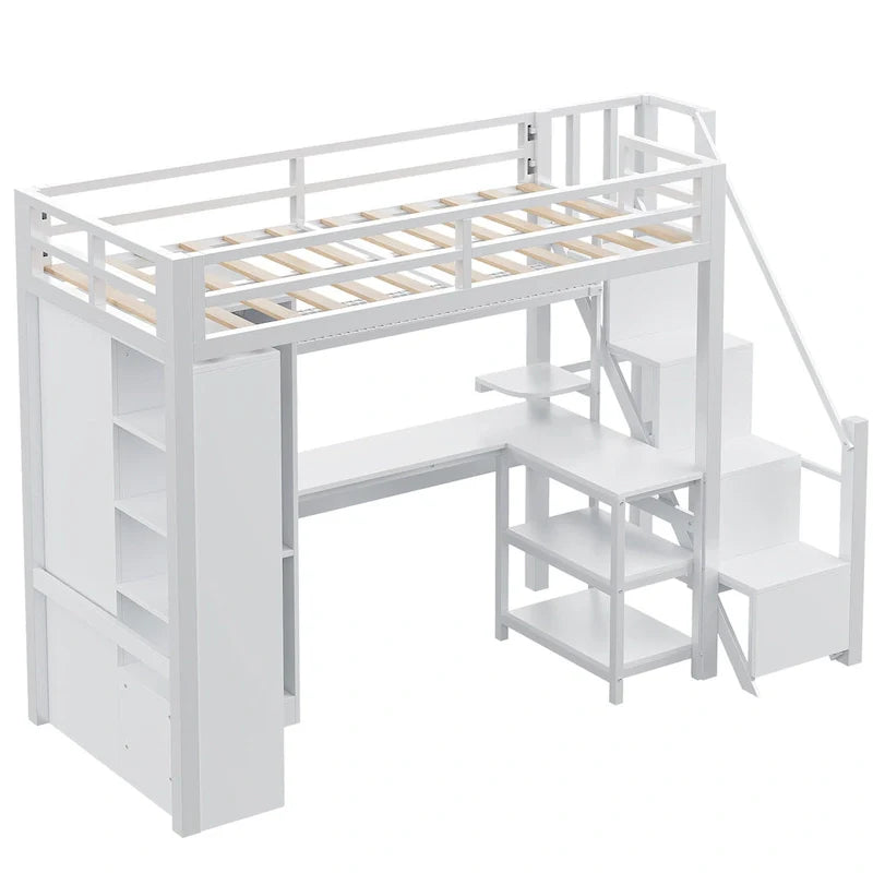 Metal Loft Bed with Desk, Wardrobe & Stepped Stairs – Twin/Full Size