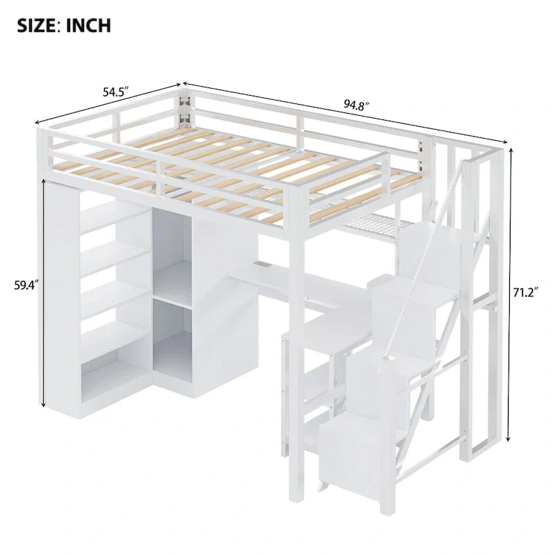 Metal Loft Bed with Desk, Wardrobe & Stepped Stairs – Twin/Full Size
