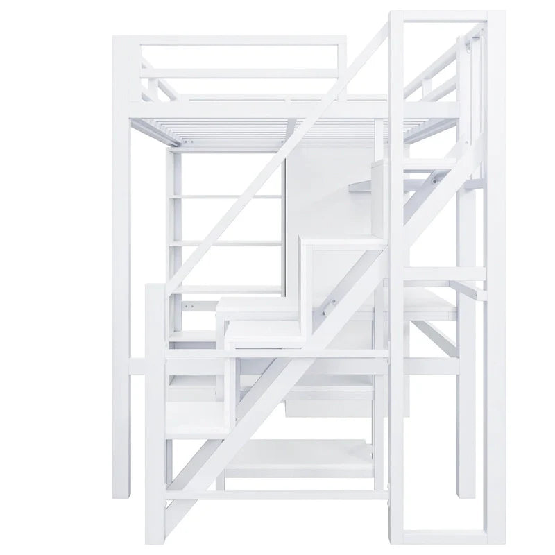 Metal Loft Bed with Desk, Wardrobe & Stepped Stairs – Twin/Full Size