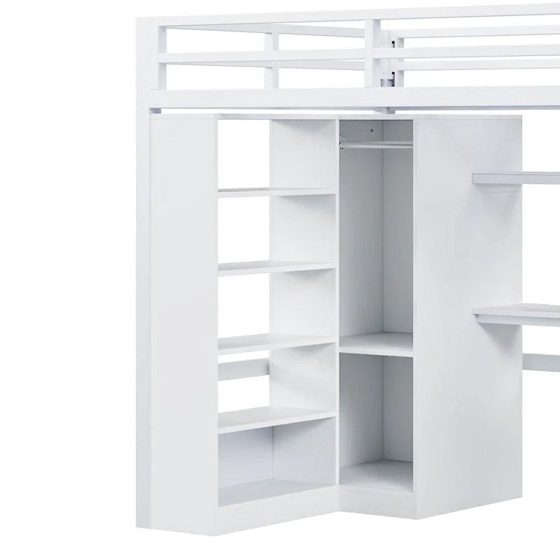 Metal Loft Bed with Desk, Wardrobe & Stepped Stairs – Twin/Full Size