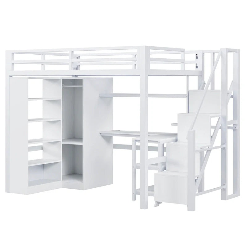 Metal Loft Bed with Desk, Wardrobe & Stepped Stairs – Twin/Full Size